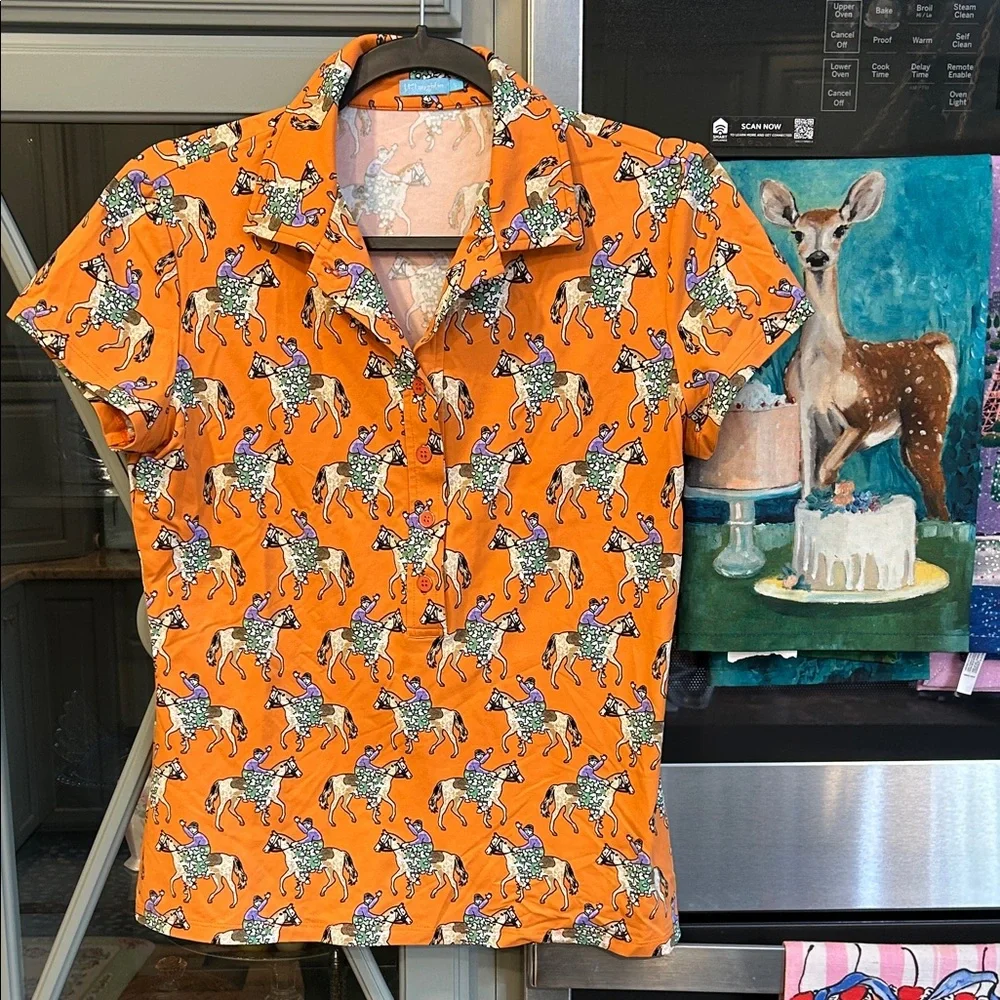 J. McLaughlin Orange Polo Shirt with Jockey Horse Derby Equestrian Print Small